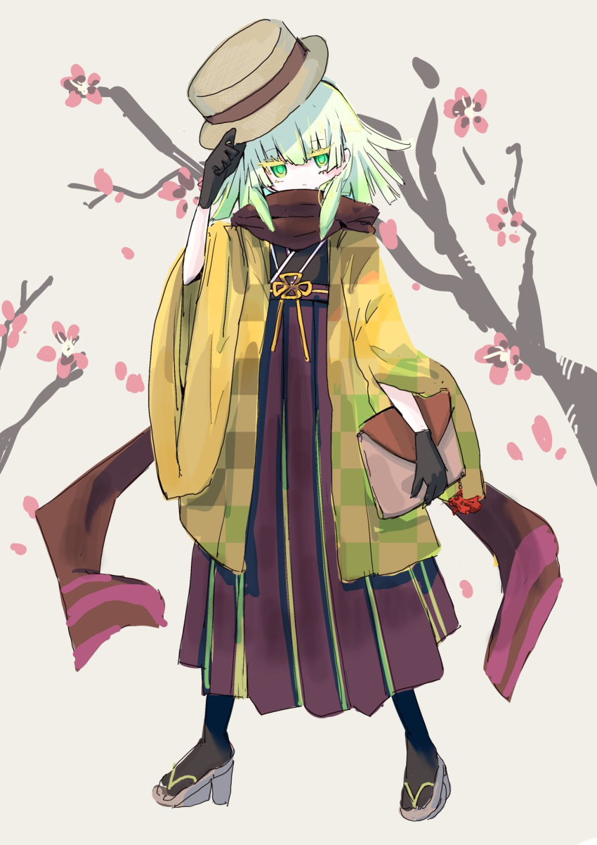 black_footwear black_gloves cherry_blossoms duel_monster gloves green_eyes green_hair haori hat highres holding holding_clothes holding_hat japanese_clothes jigenshin kimono long_sleeves noh-p.u.n.k._ze_amin scarf short_hair simple_background yu-gi-oh!