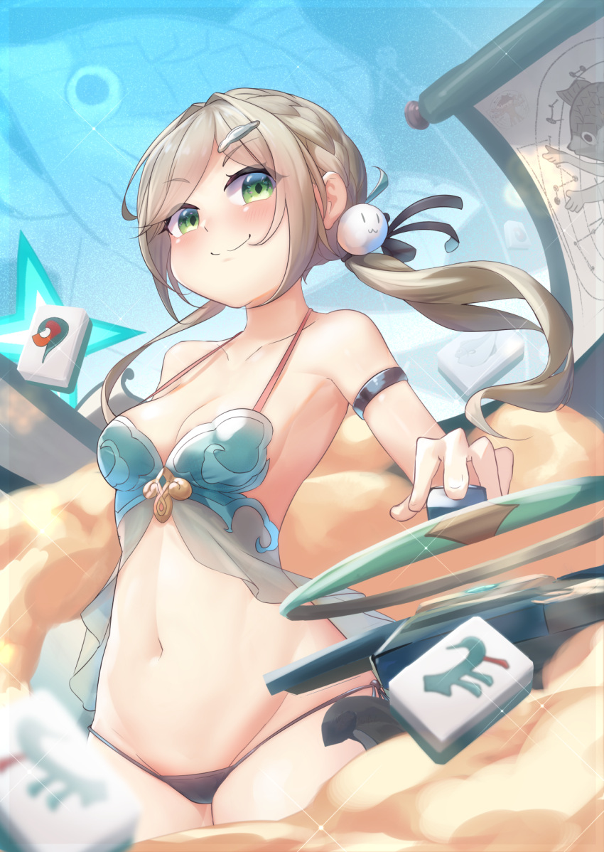 1girl alternate_costume arm_strap armpits bare_shoulders bikini black_bikini braid breasts brown_hair cleavage closed_mouth commentary cowboy_shot green_eyes hair_ornament hairclip halterneck highres honkai:_star_rail honkai_(series) long_hair looking_at_viewer low_twintails mahjong mahjong_tile mismatched_bikini ntk_nartaku qingque_(honkai:_star_rail) see-through side-tie_bikini_bottom small_breasts smile solo strap_gap string_bikini swimsuit twintails