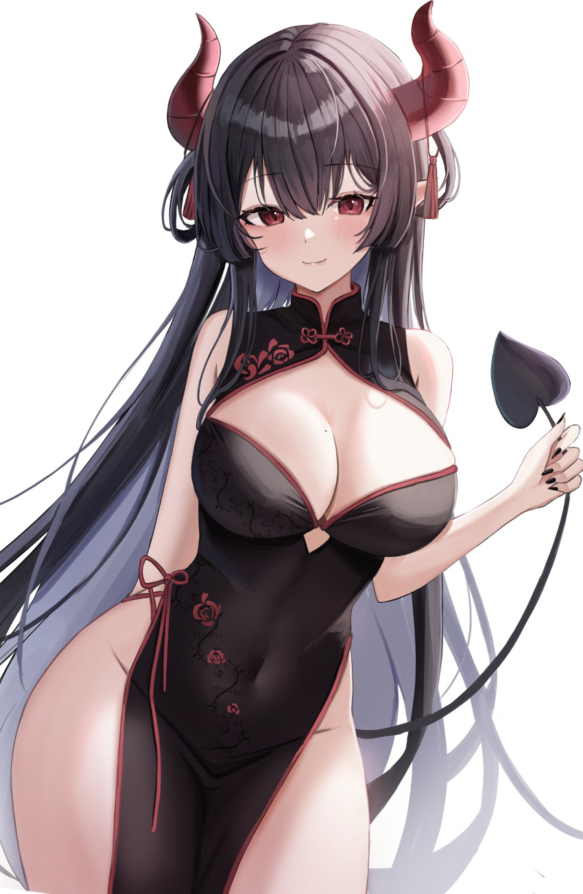 1girl :3 absurdres bare_arms bare_shoulders black_dress black_hair black_nails breasts china_dress chinese_clothes cleavage cleavage_cutout closed_mouth clothing_cutout covered_navel cowboy_shot demon_girl demon_horns demon_tail dress hair_rings highres holding_own_tail horn_ornament horns large_breasts long_hair looking_at_viewer mole mole_on_breast nail_polish nannung no_panties original pelvic_curtain pointy_ears red_eyes revision side-tie_dress sleeveless sleeveless_dress smile solo tail