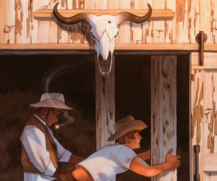 2boys anal animal_skull arm_hair bara clothed_sex cowboy_hat cowboy_western dark-skinned_male dark_skin dobe_(dovegraveyard) from_side gloves hat highres interracial leather long_sideburns male_focus mature_male multiple_boys original painting_(medium) sex shirt short_hair sideburns smoke smoking sparse_stubble sweat t-shirt thick_eyebrows torogao traditional_media watercolor_(medium) yaoi