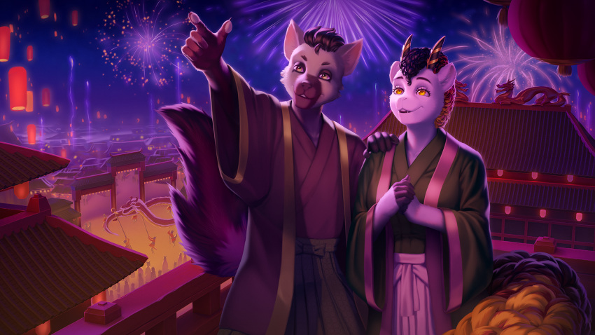 16:9 2022 aardwolf anthro asian_clothing asian_mythology bottomwear canid canine clothing crowd curled_hair curled_tail detailed_background digital_drawing_(artwork) digital_media_(artwork) duo east_asian_clothing east_asian_mythology fangs festival fireworks foo_dog fur group hair hakama hi_res horn hybrid hyena japanese_clothing kimono lamp mammal multicolored_body multicolored_hair multicolored_tail mythology night oriental pinkerie scenery shishi_dog tail teeth white_body white_fur widescreen yellow_eyes