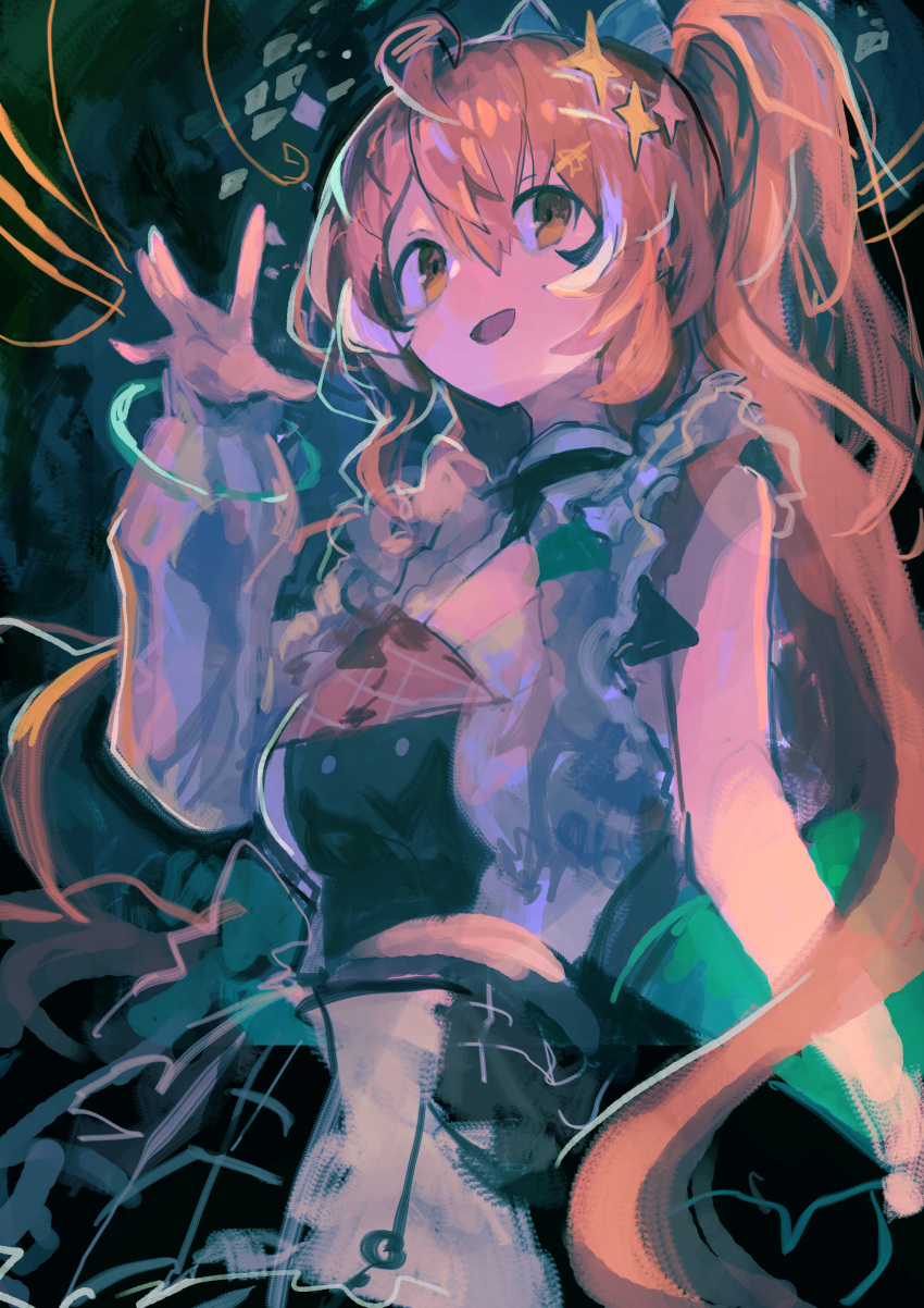 1girl :d absurdres ahoge asymmetrical_sleeves black_skirt bow brown_eyes brown_hair buttons crop_top double-breasted hair_ornament hair_ribbon hairclip half-skirt highres hololive hololive_english hololive_idol_uniform hololive_idol_uniform_(bright) kaamin_(mariarose753) long_hair multicolored_hair nanashi_mumei plaid plaid_skirt pleated_skirt ponytail ribbon skirt smile streaked_hair uneven_sleeves very_long_hair virtual_youtuber waving