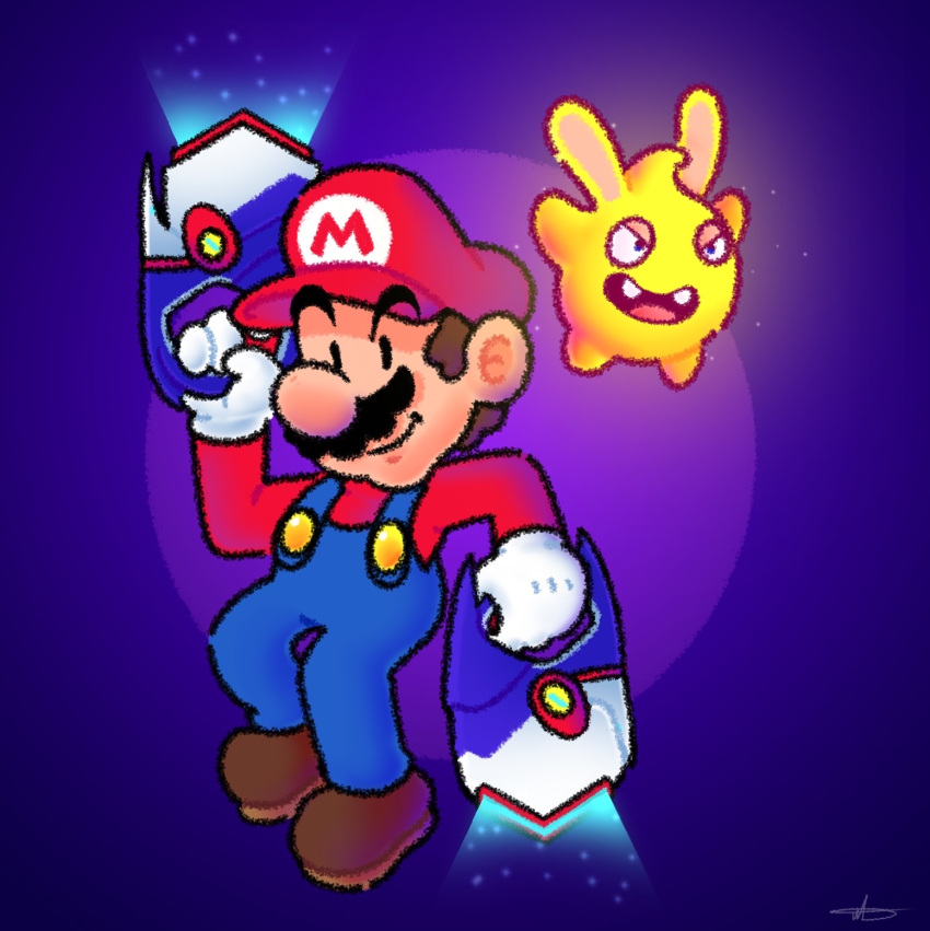 1boy animal_ears black_eyes blue_overalls brown_footwear brown_hair buttons cabbie_hat character_request chin closed_mouth facial_hair full_body gloves half-closed_eyes hand_up hat highres holding holding_weapon jradical2014 letter long_sleeves mario mario_(series) mario_+_rabbids_sparks_of_hope mustache nintendo open_mouth overalls purple_background rabbid rabbit_ears raving_rabbids red_headwear red_shirt shirt shoes short_hair signature smile solid_oval_eyes teeth thick_eyebrows ubisoft upper_teeth_only v-shaped_eyes weapon white_gloves