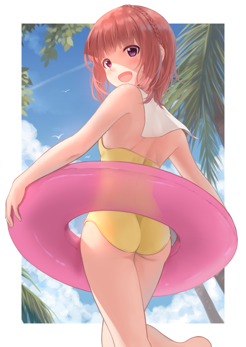 1girl absurdres aikawa_aika alice_gear_aegis ass blue_sky brown_eyes brown_hair casual_one-piece_swimsuit cloud cowboy_shot from_below highres innertube kanogawa_hiro looking_at_viewer looking_back one-piece_swimsuit open_mouth palm_tree sailor_collar short_hair sky solo swimsuit tree white_sailor_collar yellow_one-piece_swimsuit