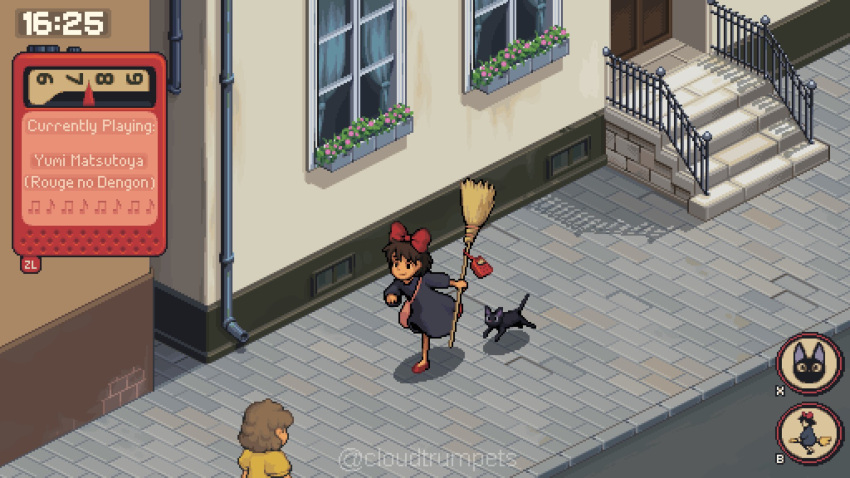 1girl amour_(cloudtrumpets) black_cat black_skirt bow broom cat city fake_screenshot hair_bow highres jiji_(majo_no_takkyuubin) kiki_(majo_no_takkyuubin) majo_no_takkyuubin outdoors radio red_bow red_footwear running signature skirt studio_ghibli video_game witch