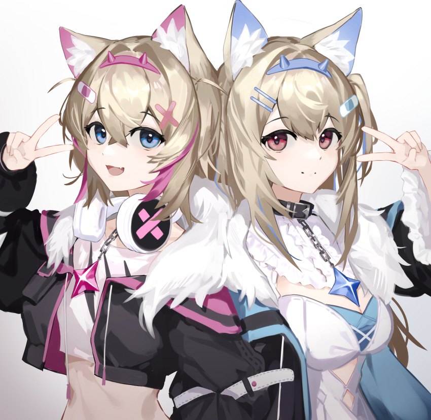 2girls absurdres animal_ear_fluff animal_ears belt_collar black_collar black_jacket blonde_hair blue_eyes blue_hair breasts cine_(wazd0183) cleavage closed_mouth collar cropped_jacket cropped_shirt dog_ears dog_girl fang fur-trimmed_jacket fur_trim fuwawa_abyssgard hair_ornament hairpin headphones headphones_around_neck highres hololive hololive_english jacket large_breasts long_hair looking_at_viewer medium_hair mococo_abyssgard multicolored_hair multiple_girls open_mouth pink_hair shirt siblings skin_fang small_breasts smile streaked_hair twins two_side_up v virtual_youtuber white_shirt x_hair_ornament