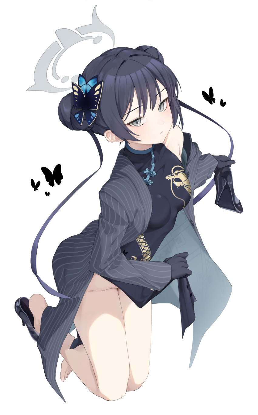 1girl absurdres bare_legs bare_shoulders black_dress black_footwear black_gloves black_hair blue_archive breasts butterfly_hair_ornament china_dress chinese_clothes closed_mouth clothes_lift coat double_bun dragon_print dress expressionless gloves grey_coat grey_eyes hair_bun hair_ornament halo high_heels highres kisaki_(blue_archive) lifted_by_self long_hair long_sleeves looking_at_viewer no_panties off_shoulder pelvic_curtain pelvic_curtain_lift print_dress shoes short_dress simple_background sleeveless sleeveless_dress small_breasts solo striped striped_coat thighs twintails unworn_shoes very_long_hair white_background yn_6262