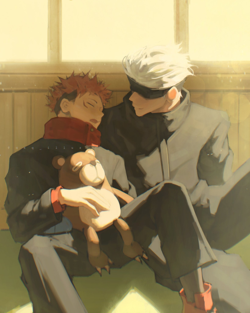 2boys black_headband black_jacket black_pants closed_mouth feet_out_of_frame gojou_satoru headband headband_over_eyes highres holding holding_stuffed_toy itadori_yuuji jacket jujutsu_kaisen jujutsu_tech_uniform light_smile male_focus multiple_boys open_mouth pants pink_hair qxq_illus scar scar_on_face short_hair sleeping stuffed_animal stuffed_toy teddy_bear turtleneck turtleneck_jacket undercut white_hair