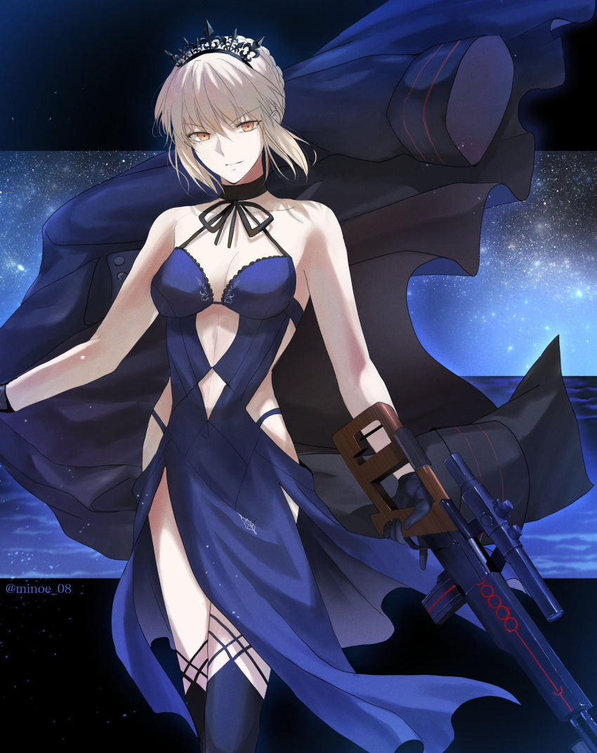 1girl artoria_pendragon_(alter_swimsuit_rider)_(fate) artoria_pendragon_(alter_swimsuit_rider)_(third_ascension)_(fate) artoria_pendragon_(fate) bare_shoulders black_gloves blonde_hair clothing_cutout fate/grand_order fate_(series) gloves gun highres holding holding_weapon looking_at_viewer minoe08 navel_cutout rifle solo tiara upper_body weapon yellow_eyes