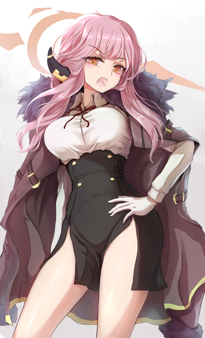 1girl aru_(blue_archive) black_skirt blue_archive breasts coat contrapposto cowboy_shot fur-trimmed_coat fur_trim gloves halo hand_on_own_hip highres horns jacket jacket_on_shoulders large_breasts namiki_(remiter00) open_mouth orange_eyes pencil_skirt pink_hair shirt shirt_tucked_in side_slit simple_background skirt solo thighs trench_coat v-shaped_eyebrows white_background white_gloves white_shirt