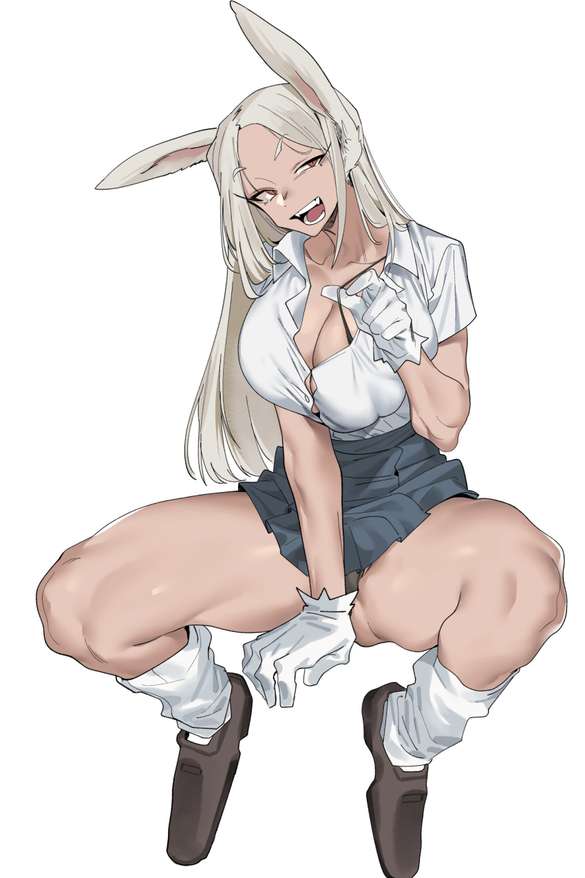 1girl animal_ears between_legs black_footwear black_panties boku_no_hero_academia breasts collarbone dark-skinned_female dark_skin full_body gloves hand_between_legs highres large_breasts long_eyelashes long_hair looking_at_viewer loose_socks mirko open_mouth panties parted_bangs pleated_skirt pulled_by_self rabbit_ears rabbit_girl red_eyes school_uniform shirt shirt_tucked_in sitting skirt smile socks solo spread_legs strap_pull teeth thick_thighs thighs underwear urec white_gloves white_hair white_shirt