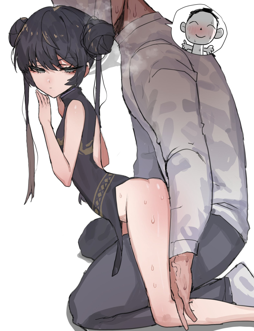 1boy 1girl arona's_sensei_doodle_(blue_archive) ass black_dress black_hair black_pants blue_archive china_dress chinese_clothes closed_mouth double_bun dress dry_humping grey_eyes grey_halo hair_bun halo highres humping k8on kisaki_(blue_archive) long_hair pants sensei_(blue_archive) shirt short_hair simple_background sleeveless sleeveless_dress twintails white_background white_shirt
