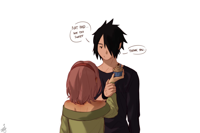 1boy 1girl bare_shoulders black_hair black_shirt black_wristband candle ceejles commentary cupcake english_commentary english_text food hairband haruno_sakura height_difference highres holding holding_food husband_and_wife naruto:_the_last naruto_(series) off-shoulder_shirt off_shoulder pink_hair red_hairband shirt shoulder_blush signature uchiha_sasuke