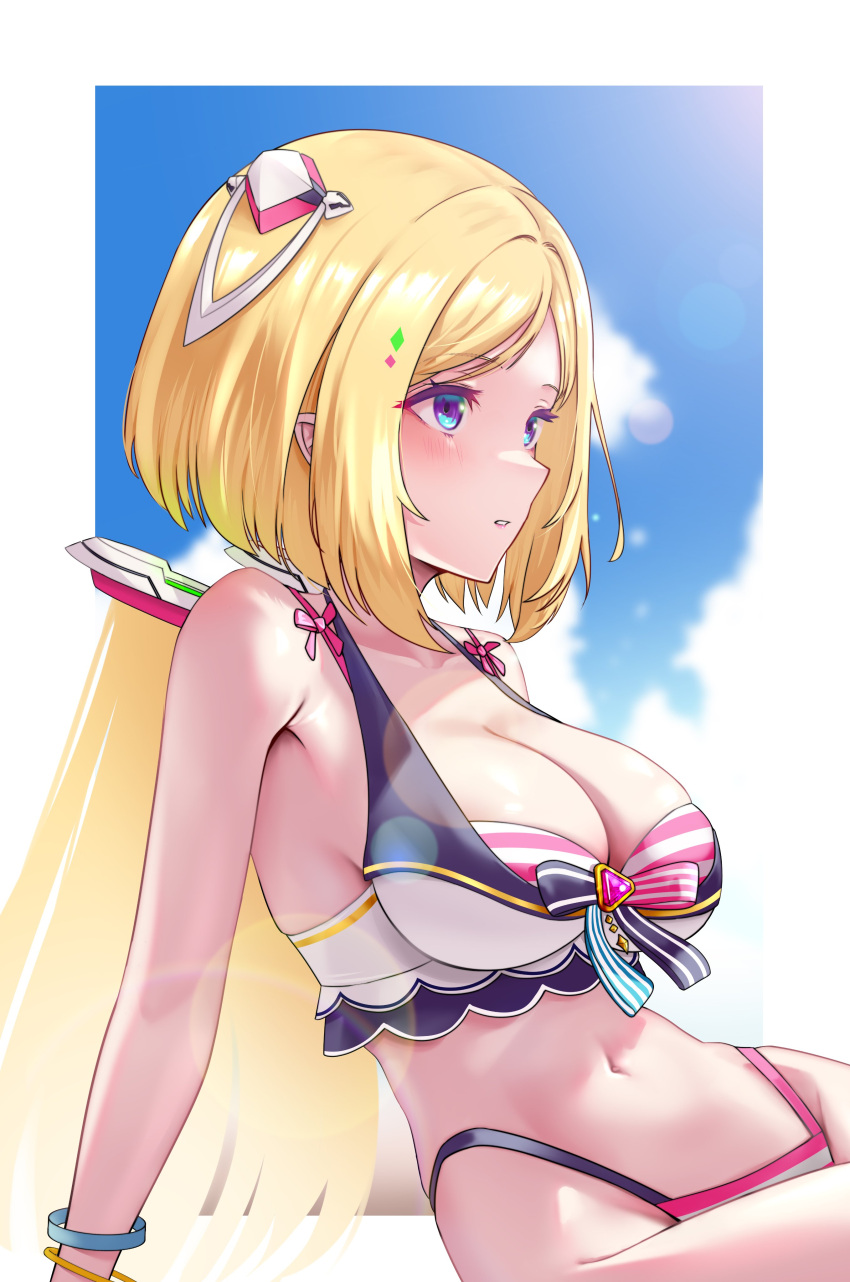 1girl absurdres aki_rosenthal ar-khey arm_support bare_shoulders bikini blonde_hair blue_eyes breasts cleavage detached_hair from_side highleg highleg_bikini highres hololive hololive_summer_2023_swimsuit layered_bikini leaning_back long_hair looking_ahead medium_breasts navel outside_border parted_bangs parted_lips sitting sky solo striped striped_bikini swimsuit virtual_youtuber