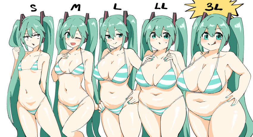 1girl :q alternate_body_size alternate_breast_size aqua_eyes aqua_hair arm_behind_back bikini blush breasts chart closed_mouth collarbone commentary_request cowboy_shot dot_nose hair_between_eyes hair_ornament hands_on_own_hips hatsune_miku highres huge_breasts jaggy_lines jitome large_breasts lineup long_hair looking_at_viewer medium_breasts multiple_views navel one_eye_closed open_mouth parted_lips plump sanpaku simple_background size_difference small_breasts split_mouth string_bikini striped striped_bikini sweatdrop swimsuit tareme tenten_(chan4545) thick_thighs thighs tongue tongue_out twintails variations very_long_hair vocaloid white_background