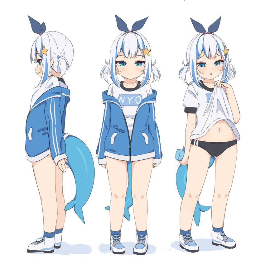 1girl :&lt; alternate_costume arm_behind_back black_bloomers bloomers blue_eyes blue_hair blue_jacket bottle bow chestnut_mouth clothes_lift collarbone commentary english_commentary expressionless fins fish_tail full_body gawr_gura gym_uniform hair_bow hair_ornament hair_ribbon hairband highres holding holding_bottle hololive hololive_english jacket looking_at_viewer looking_down midriff midriff_peek multiple_views navel open_clothes open_jacket profile ribbon shark_tail shirt shirt_lift shoes short_sleeves sidelocks simple_background sneakers standing star_(symbol) star_hair_ornament tail tenroy track_jacket two_side_up underwear white_background white_footwear white_shirt