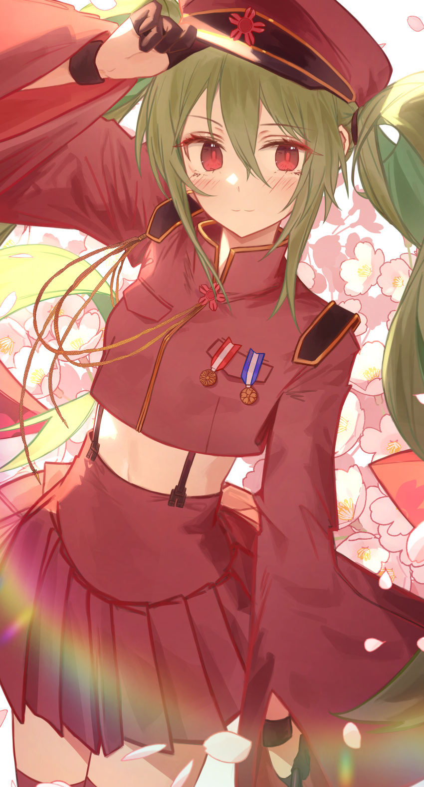 1girl :3 absurdres adjusting_clothes adjusting_headwear blush cherry_blossoms cropped_jacket floral_background gloves green_hair hair_between_eyes half_gloves hat hatsune_miku highres light_smile long_hair looking_at_viewer midriff mihoranran military military_uniform peaked_cap petals pleated_skirt red_eyes senbon-zakura_(vocaloid) skirt smile solo suspenders thighhighs twintails uniform very_long_hair vocaloid wide_sleeves