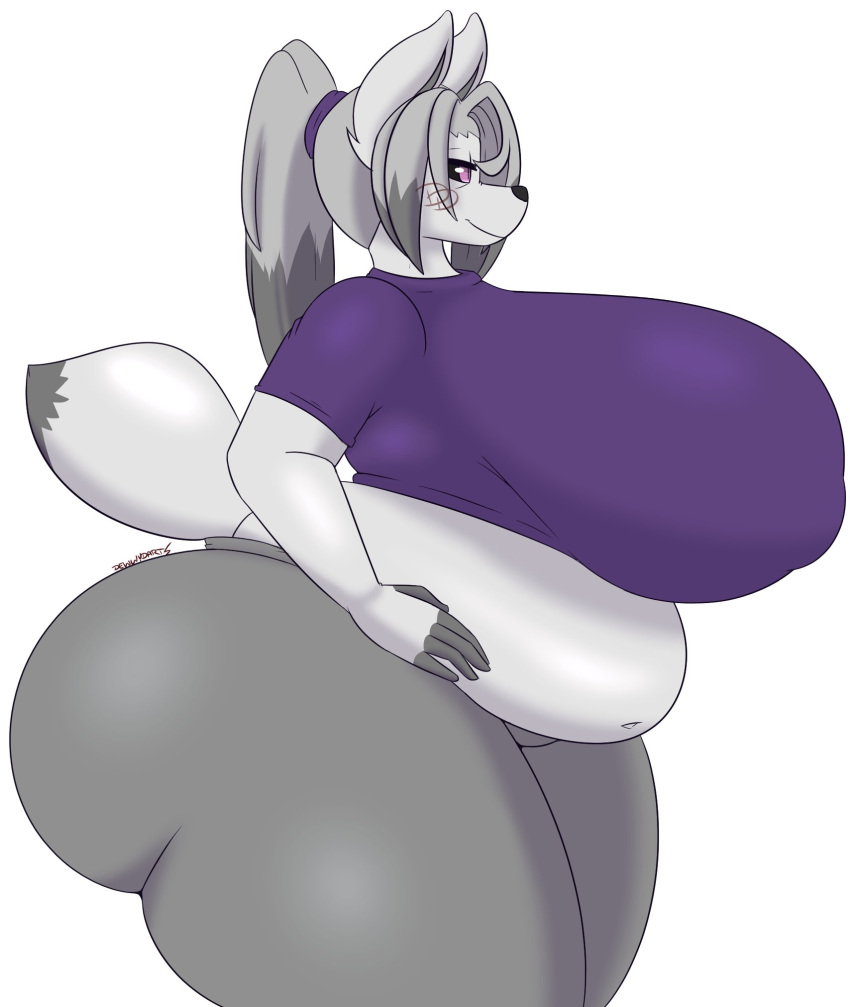 2022 5_fingers anthro arctic_fox big_breasts black_sclera bottomwear breasts canid canine chubby_anthro chubby_female clothed clothing dewwydarts female fingerless_(marking) fingers fox fur grey_bottomwear grey_clothing grey_hair grey_pants hair hi_res huge_breasts huge_thighs mammal mary_(dewwydarts) nipple_outline pants purple_clothing purple_eyes purple_shirt purple_topwear shirt side_view simple_background solo standing thick_thighs topwear white_background white_body white_fur