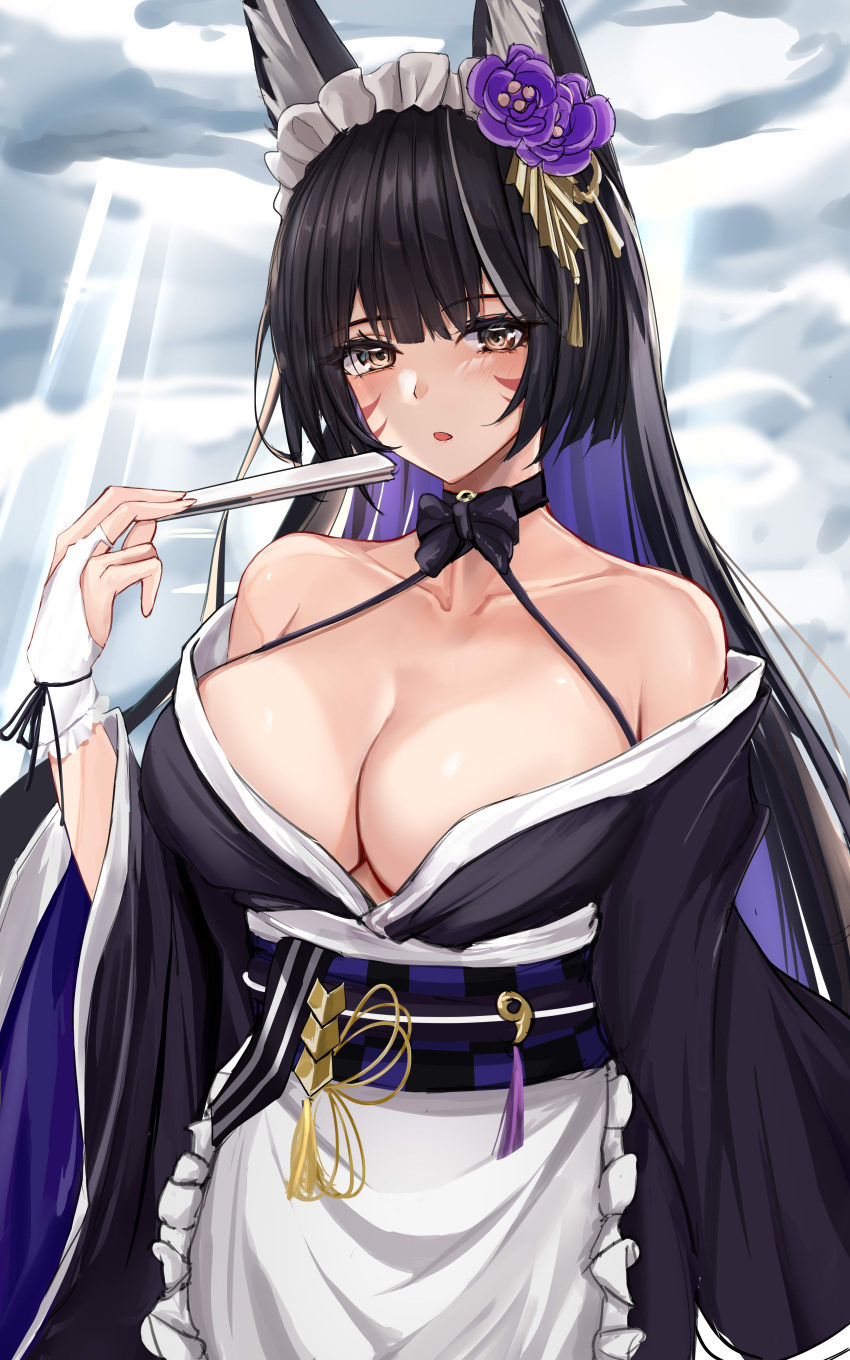 1girl absurdres animal_ear_fluff animal_ears apron azur_lane bare_shoulders black_hair black_kimono breasts cleavage cloud cloudy_sky facial_mark flower fox_ears fox_girl frilled_hairband frills gloves hair_flower hair_ornament hairband hand_fan hand_up highres holding holding_fan japanese_clothes kimono kulayueyue large_breasts light_blush long_hair looking_at_viewer musashi_(azur_lane) musashi_(violet_moonglow)_(azur_lane) official_alternate_costume parted_lips sky solo wa_maid whisker_markings white_gloves wide_sleeves yellow_eyes