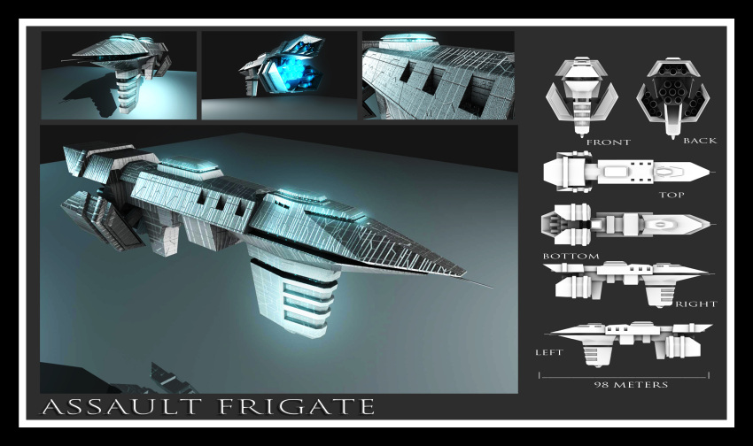 3d assault_ship_(eve_online) caldari_state_(eve_online) commentary concept_art davis--237834 english_text eve_online frigate_(eve_online) from_side glowing grey_theme highres military_vehicle multiple_views no_humans original science_fiction spacecraft tech_2_ship_(eve_online) thrusters vehicle_focus