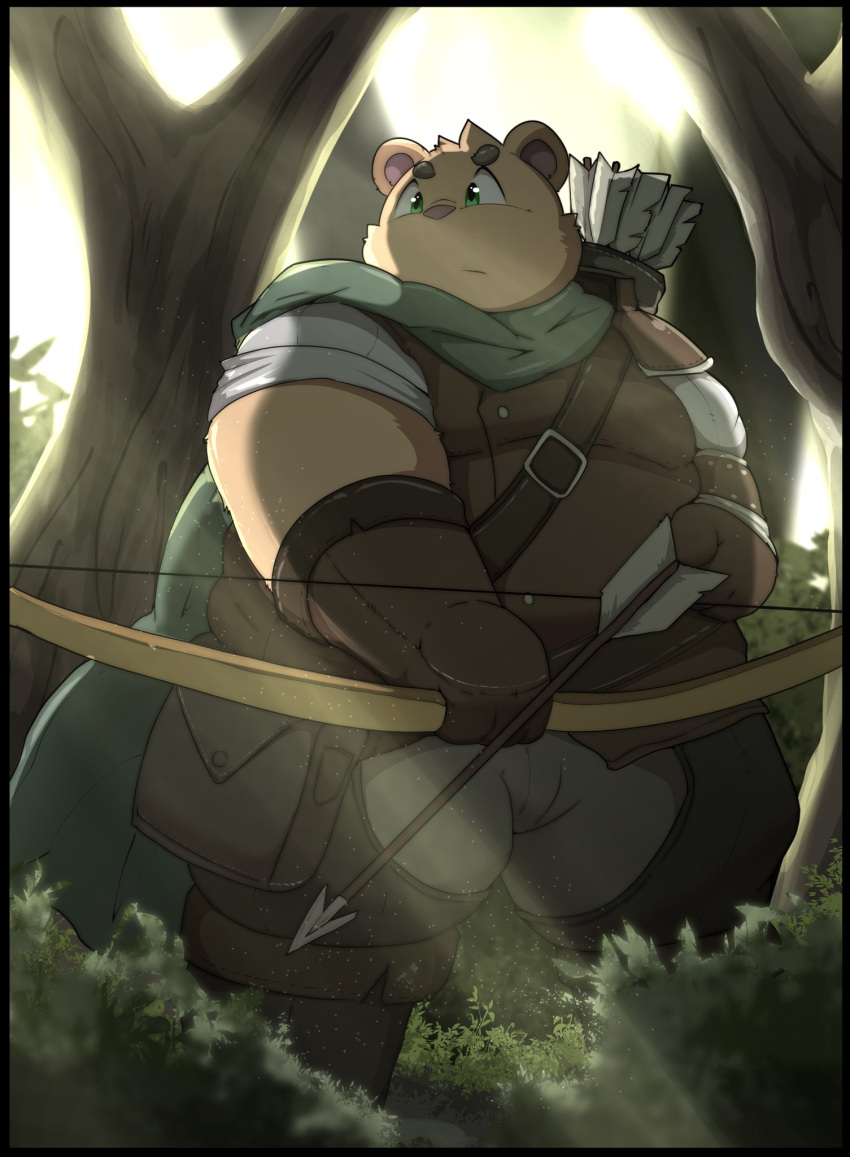 2023 anthro arrow_(weapon) bear belly big_belly bow_(weapon) clothed clothing detailed_background hi_res inigo_(kusosensei) kemono kusosensei male mammal outside overweight overweight_male plant ranged_weapon solo tree weapon