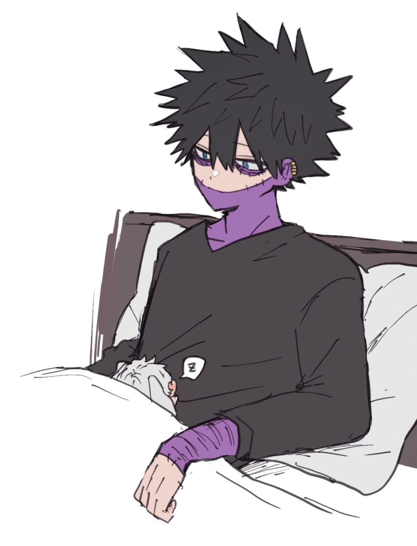 2boys ametaro_(ixxxzu) animal_ears bed black_hair black_shirt blue_eyes boku_no_hero_academia burn_scar cheek_piercing chibi dabi_(boku_no_hero_academia) highres male_focus medium_hair multiple_boys multiple_scars on_bed pillow rabbit_boy rabbit_ears scar scar_on_face shigaraki_tomura shirt short_hair simple_background speech_bubble spiked_hair staple stapled white_background white_hair wrinkled_skin