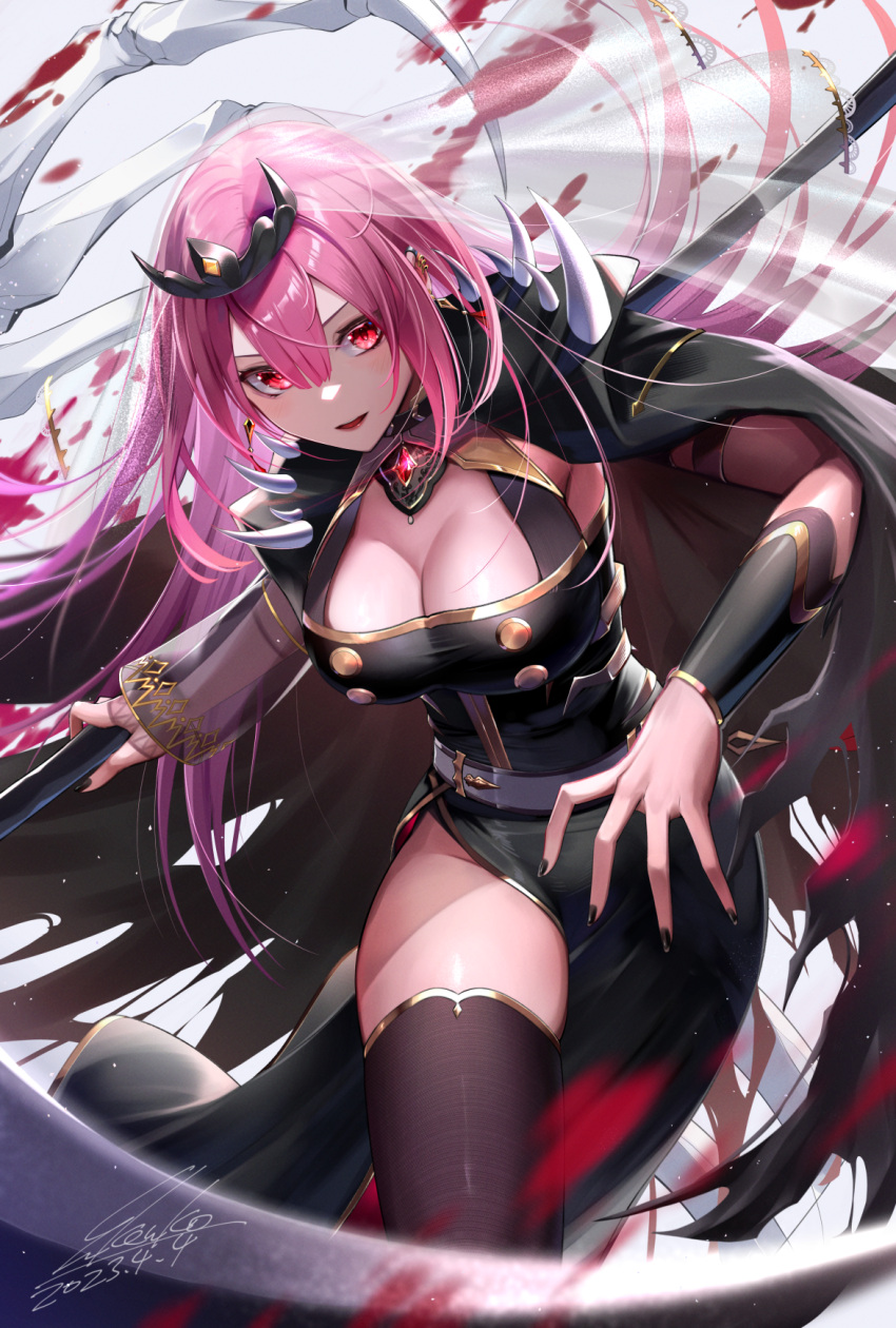 1girl black_cape black_dress black_nails black_sleeves black_thighhighs breasts cape cleavage detached_sleeves dress ear_piercing earrings gold_earrings highres holding holding_scythe holding_weapon hololive hololive_english jewelry kenko_(a143016) large_breasts long_hair looking_at_viewer mori_calliope mori_calliope_(1st_costume) nail_polish open_mouth piercing pink_hair red_eyes revision scythe single_sleeve single_thighhigh smile solo spiked_cape thighhighs veil virtual_youtuber weapon