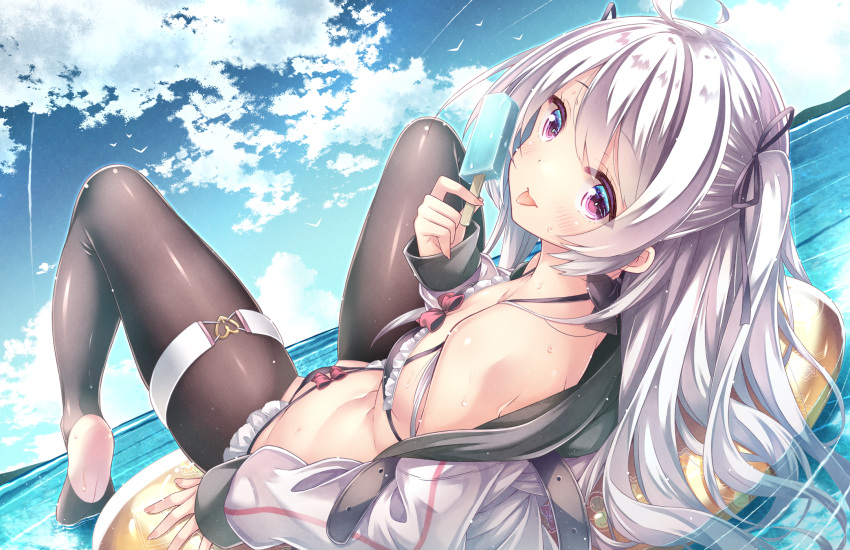 1girl ahoge bikini black_thighhighs breasts dutch_angle floating grey_hair highres innertube jacket looking_at_viewer open_clothes open_jacket original outdoors purple_eyes ryo_(botugo) small_breasts solo swimsuit thighhighs two_side_up water