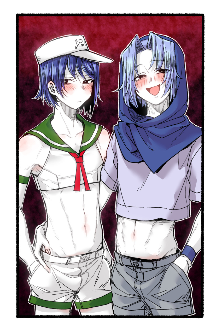 2boys anchor_print black_eyes blue_hair blue_hood blush border closed_mouth colored_skin commentary_request cookie_(touhou) cowboy_shot crop_top expressionless fingernails flour_(cookie) gedougawa genderswap genderswap_(ftm) gradient_background green_sailor_collar grey_shirt grey_shorts half-closed_eyes hand_in_pocket hand_on_another's_hip hat highres hood hood_up kumoi_ichirin looking_at_viewer male_focus medium_bangs midriff milk_(cookie) multiple_boys murasa_minamitsu navel neckerchief open_mouth outline parted_bangs print_headwear red_background red_neckerchief sailor_collar sailor_hat shirt short_hair shorts sleeveless sleeveless_shirt smile touhou white_border white_headwear white_outline white_shirt white_shorts white_skin