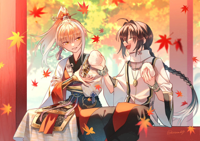 1boy 1other amulet androgynous archer_(fate/samurai_remnant) armlet black_hair bracelet braid chinese_clothes chinese_hairpin fate/samurai_remnant fate_(series) food grey_hair hair_intakes hair_ornament hanfu high_ponytail highres holding holding_food japanese_clothes jewelry kariginu leaf maple_leaf multicolored_hair onigiri saber_(fate/samurai_remnant) sharing_food smile tassel tassel_hair_ornament tomato_(otom67) twitter_username yellow_eyes