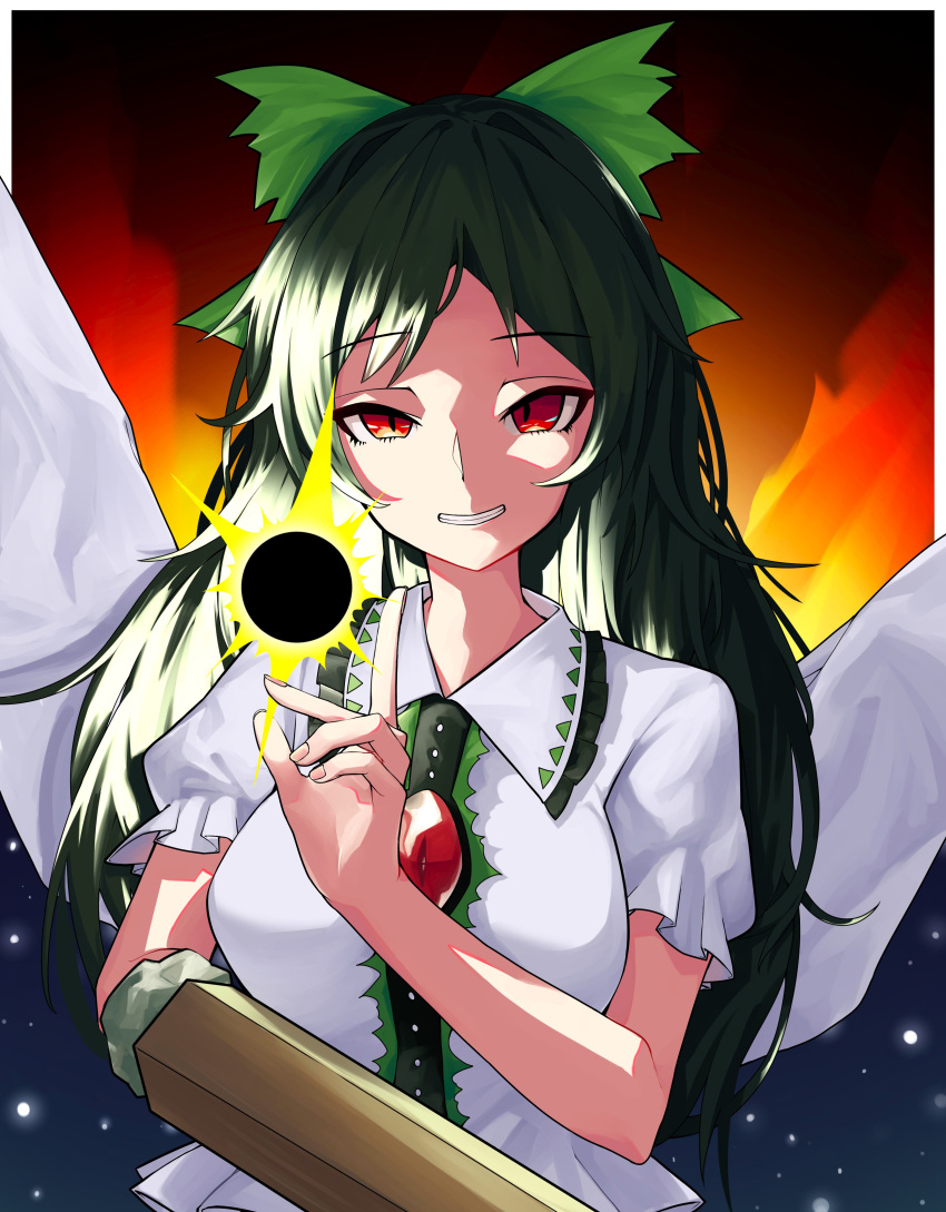 1girl absurdres arm_cannon black_hair black_sun bow breasts buttons cape collared_shirt commentary_request control_rod fingernails fire frilled_shirt_collar frilled_sleeves frills green_bow grin hair_bow highres large_breasts long_hair looking_at_viewer mo_mo_kaze print_headwear red_eyes reiuji_utsuho shirt short_sleeves smile solo starry_sky_print sun third_eye touhou upper_body weapon white_cape white_shirt