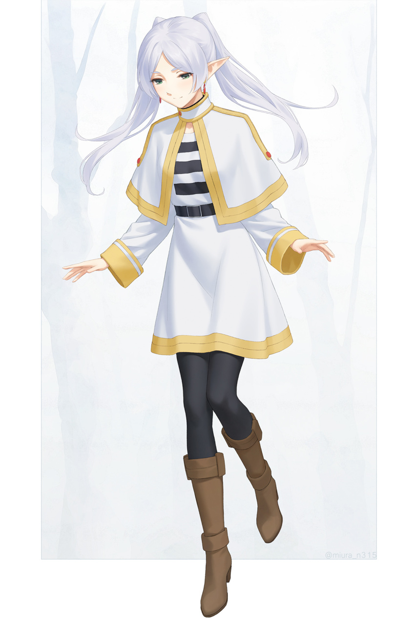 1girl black_pantyhose boots brown_footwear capelet closed_mouth dress earrings elf forehead frieren full_body green_eyes highres jewelry long_hair long_sleeves miura-n315 pantyhose parted_bangs pointy_ears smile solo sousou_no_frieren standing twintails white_capelet white_dress