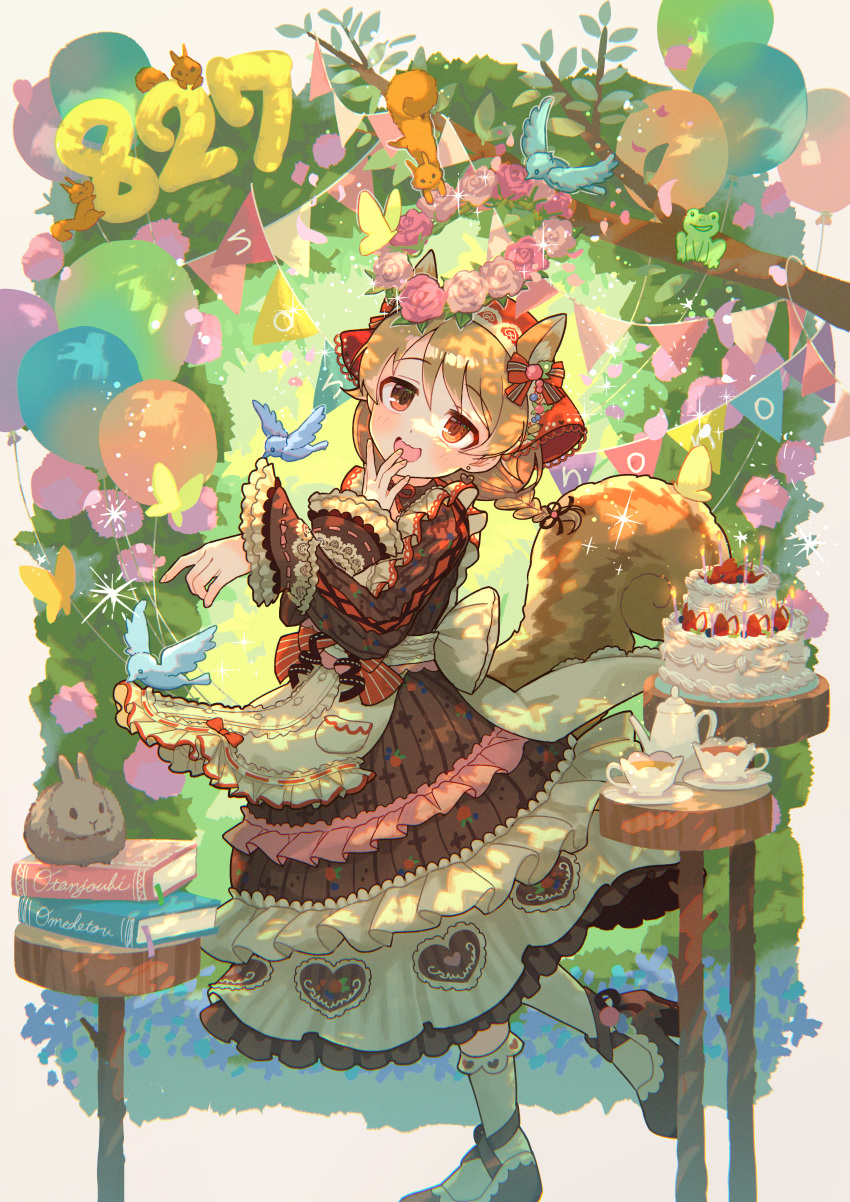 1girl absurdres animal_ears apron balloon bird blonde_hair blush book bow brown_dress cake candle commentary_request cup dress flower_wreath food food_print frilled_apron frilled_dress frilled_sleeves frills full_body highres idolmaster idolmaster_cinderella_girls long_hair long_sleeves looking_at_viewer morikubo_nono official_alternate_costume pennant rabbit_ears red_bow red_eyes smile solo squirrel standing standing_on_one_leg strawberry_print string_of_flags tail teacup teapot white_apron yukinuno