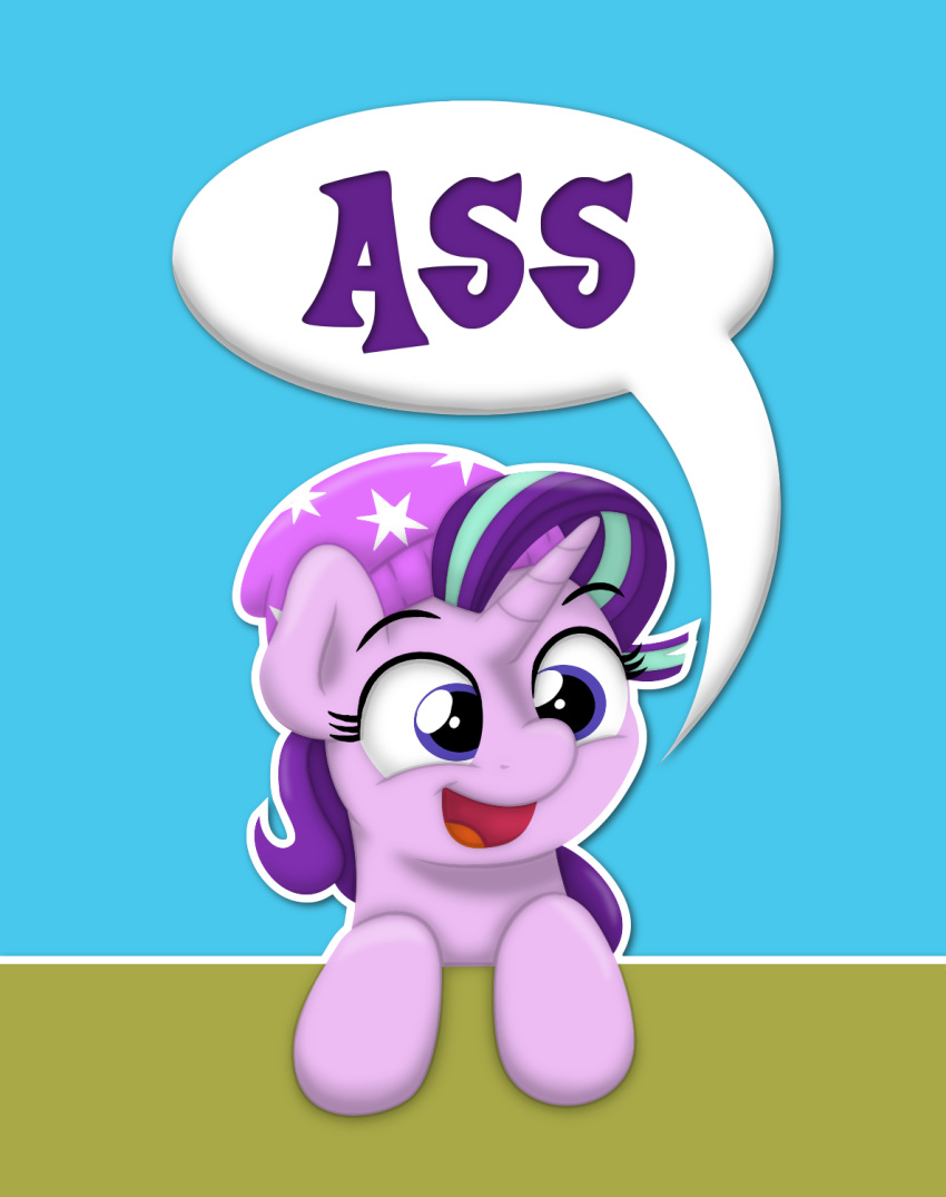 2017 clothing dialogue digital_media_(artwork) english_text equid equine female feral friendship_is_magic hair hasbro hat headgear headwear hi_res horn ljdamz1119 mammal my_little_pony open_mouth open_smile pink_body purple_eyes purple_hair smile solo speech_bubble starlight_glimmer_(mlp) text unicorn vulgar