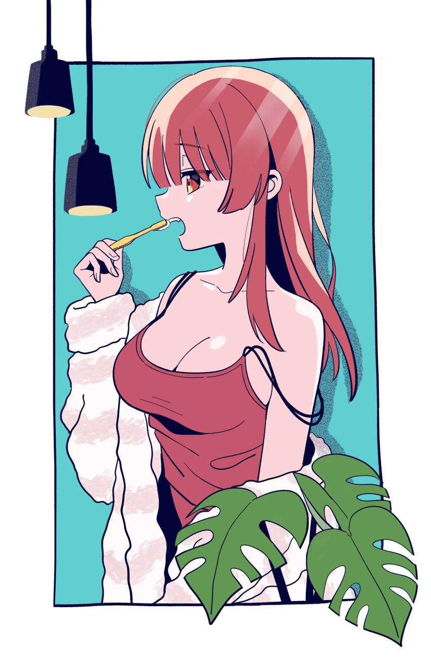 1girl alternate_costume bathrobe blunt_bangs border breasts brushing_teeth cleavage collarbone hand_up highres holding hololive houshou_marine large_breasts long_hair looking_to_the_side off_shoulder open_mouth plant red_eyes red_hair red_tank_top robe shadow sidelocks soh_himitsuki standing strap_slip tank_top teeth upper_body upper_teeth_only virtual_youtuber white_border white_robe