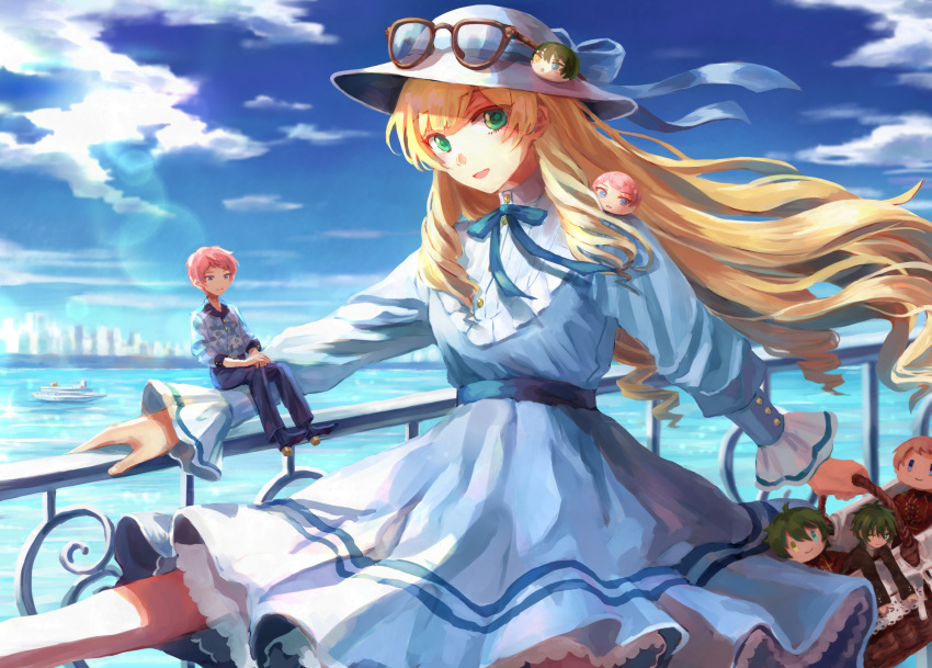 1girl 2boys aqua_eyes basket blonde_hair blue_ribbon bright_pupils buttons closed_mouth cloud commentary_request dress ensemble_stars! eyewear_on_headwear floral_print green_eyes green_hair hat heterochromia highres holding holding_basket itsuki_shu kagehira_mika long_hair long_sleeves looking_at_viewer mademoiselle_(ensemble_stars!) multiple_boys neck_ribbon ocean omanjuu_mascot open_mouth outdoors pink_hair purple_eyes ribbon short_bangs short_hair sitting sky split_mouth valkyrie_(ensemble_stars!) very_long_hair wednesday_108 white_pupils yellow_eyes