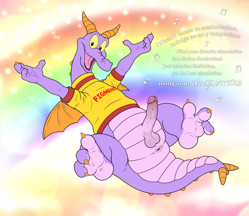 2023 absurd_res alternate_version_at_source anthro anus balls bottomless clothed clothing digital_media_(artwork) disney disney_parks dracovar_valeford dragon epcot figment flying foreskin genitals happy hi_res horn humanoid_genitalia journey_into_imagination looking_at_viewer lyrics male outside partially_clothed paws penis purple_body rainbow raised_arms retracted_foreskin rhyme shirt smile solo spread_legs spreading text toony topwear walt_disney_world wings yellow_sclera