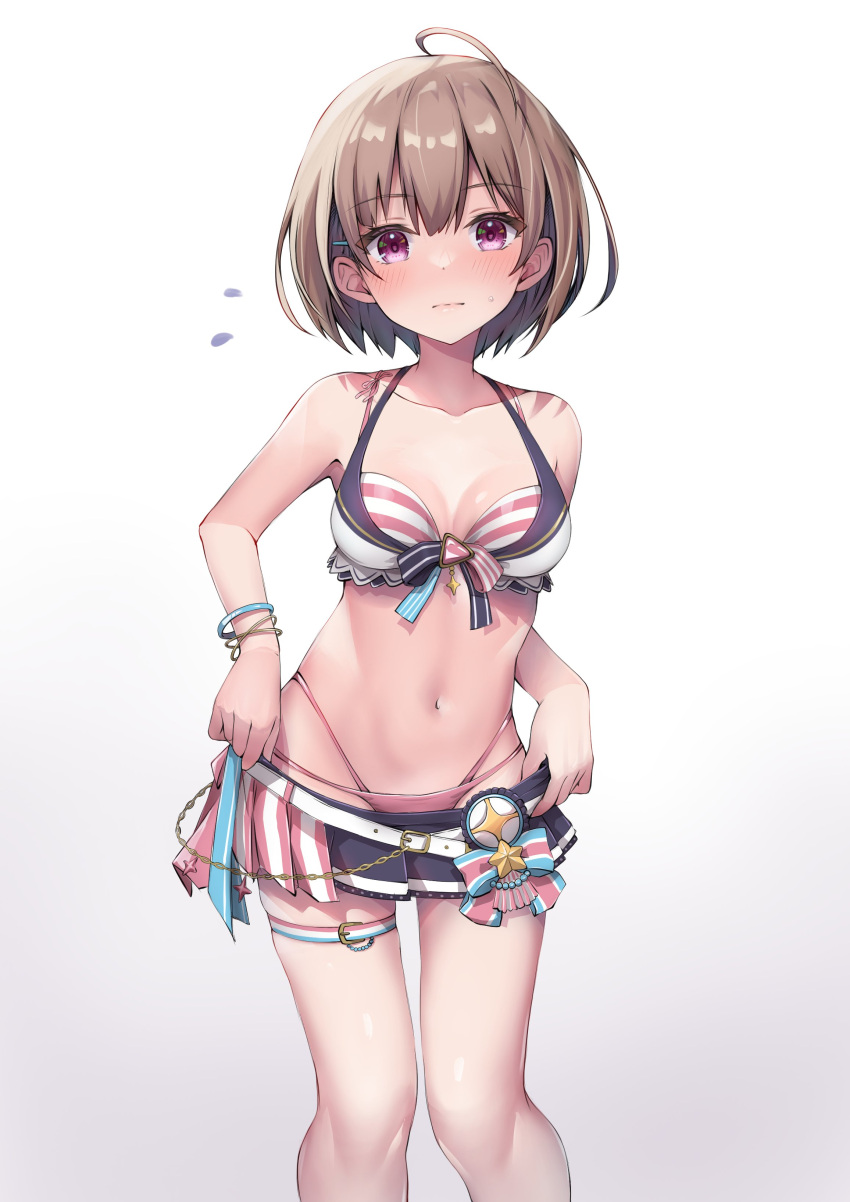 1girl absurdres ahoge bare_shoulders belt bikini bikini_skirt blue_skirt blush breasts brown_hair cleavage closed_mouth commentary dot_nose feet_out_of_frame flying_sweatdrops hair_ornament hairclip halterneck harusaki_nodoka high-waist_bikini highleg highleg_bikini highres hololive hololive_summer_2023_swimsuit ist_lei_mikan layered_bikini looking_at_viewer medium_breasts navel official_alternate_costume pink_bikini pink_eyes short_hair simple_background skirt solo standing stomach striped striped_bikini sweatdrop swimsuit symbol-only_commentary thigh_belt thigh_strap virtual_youtuber white_background white_belt