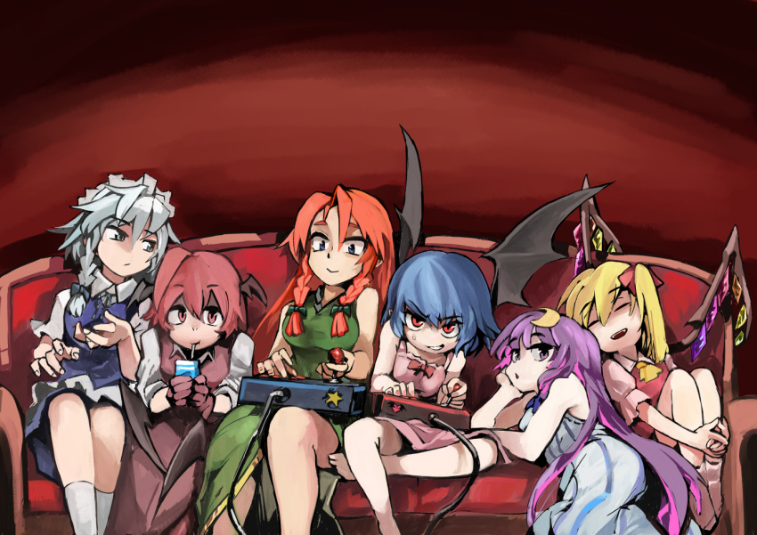 6+girls :/ :d :o =_= adapted_costume ahoge alternate_costume ascot bare_shoulders barefoot bat_wings black_bow blonde_hair blue_dress blue_eyes blue_hair bow bowed_wings braid breasts brown_gloves brown_skirt brown_vest chestnut_mouth collared_shirt commentary_request controller couch crescent crescent_hair_ornament crossed_legs dot_nose dress dress_shirt drinking drinking_straw embodiment_of_scarlet_devil fangs flandre_scarlet game_controller gloves green_bow green_dress green_eyes grey_hair grin hair_between_eyes hair_bow hair_ornament hair_ribbon hand_on_own_chin head_rest head_wings hong_meiling hugging_own_legs izayoi_sakuya joystick juice_box koakuma long_hair looking_at_another looking_at_viewer low_wings maid maid_headdress medium_breasts multiple_girls no_headwear no_nose patchouli_knowledge pink_dress playing_games purple_eyes purple_hair red_background red_bow red_eyes red_hair remilia_scarlet ribbon rightorisamraido3 shirt short_hair side_ponytail side_slit sidelocks simple_background sitting skirt skirt_set smile socks star_(symbol) striped striped_dress sweatdrop touhou tress_ribbon twin_braids v-shaped_eyebrows vertical-striped_dress vertical_stripes very_long_hair vest white_shirt white_socks wings yellow_ascot
