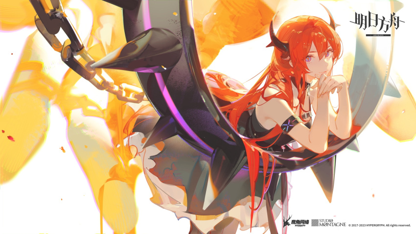 1girl arknights armband ask_(askzy) bare_shoulders bent_over black_dress demon_girl detached_collar dress highres horns looking_at_viewer official_art red_hair surtr_(arknights)