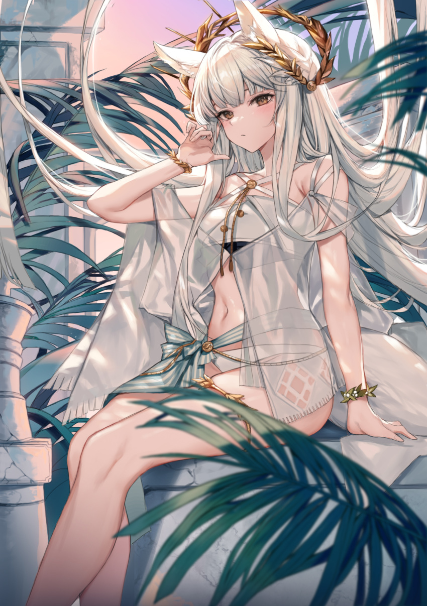 1girl absurdres animal_ear_fluff animal_ears arknights bare_shoulders bikini blunt_bangs blush bracelet brown_eyes closed_mouth criss-cross_halter halterneck hand_up highres horse_ears jewelry korean_commentary laurel_crown leaf long_hair looking_at_viewer molyb navel official_alternate_costume platinum_(arknights) platinum_(shimmering_dew)_(arknights) sitting solo swimsuit white_bikini white_hair