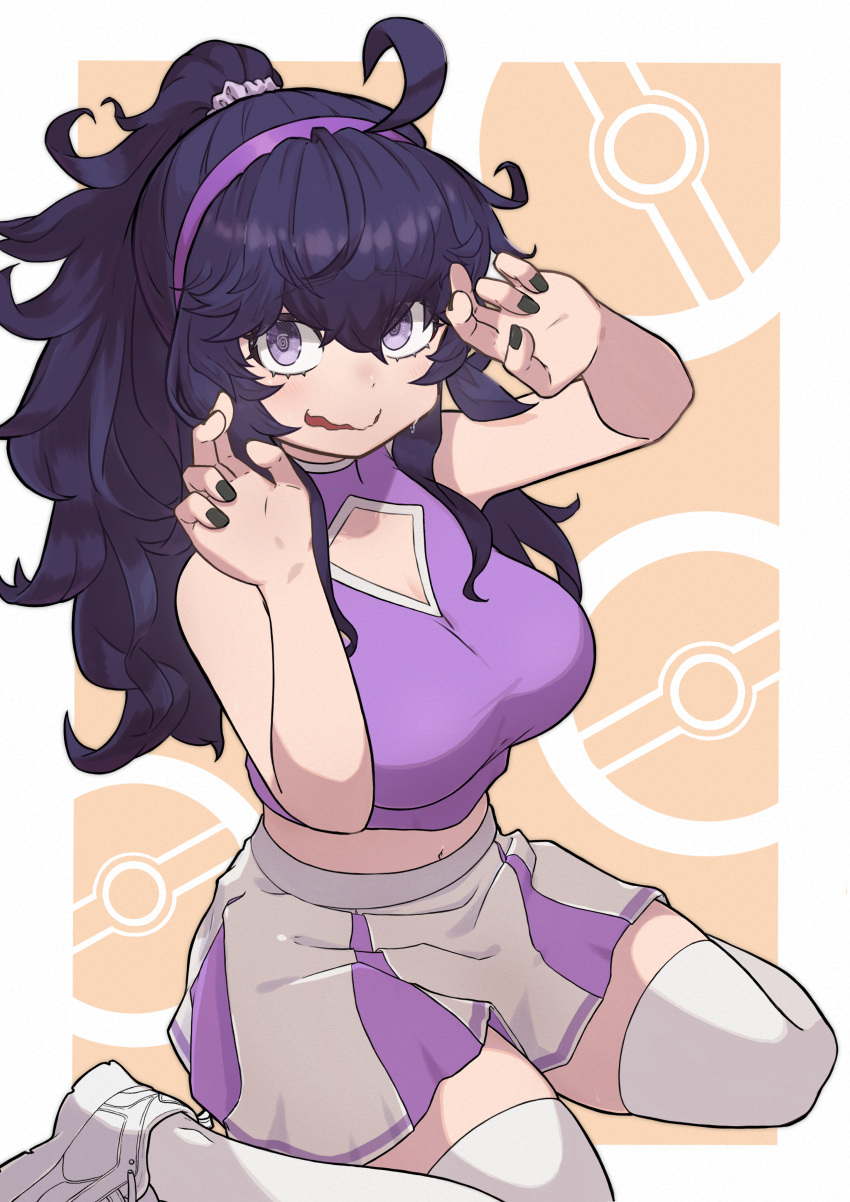 1girl @_@ absurdres alternate_breast_size alternate_costume black_hair black_nails border breasts cheerleader cleavage_cutout clothing_cutout commentary_request curly_hair eyelashes hair_between_eyes hair_ornament hair_scrunchie hairband hands_up hex_maniac_(pokemon) highres jaguarsee large_breasts long_hair looking_at_viewer nail_polish poke_ball_symbol pokemon pokemon_(game) pokemon_xy ponytail purple_hairband purple_shirt scrunchie shirt shoes sitting skirt sleeveless sleeveless_shirt smile sneakers solo thighhighs white_border