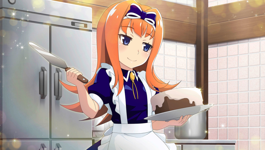 1girl alternate_costume apron blue_dress blue_eyes blue_hairband bow bow_hairband cake chocolate_cake closed_mouth collared_dress cooking_pot counter dessert dress enmaided flat_chest food frilled_apron frills hair_intakes hairband highres higurashi_no_naku_koro_ni_mei holding holding_plate houtani_nao icing kitchen long_hair maid maid_apron official_art orange_hair plate puffy_short_sleeves puffy_sleeves refrigerator short_sleeves smile solo sparkle standing tsurime white_apron
