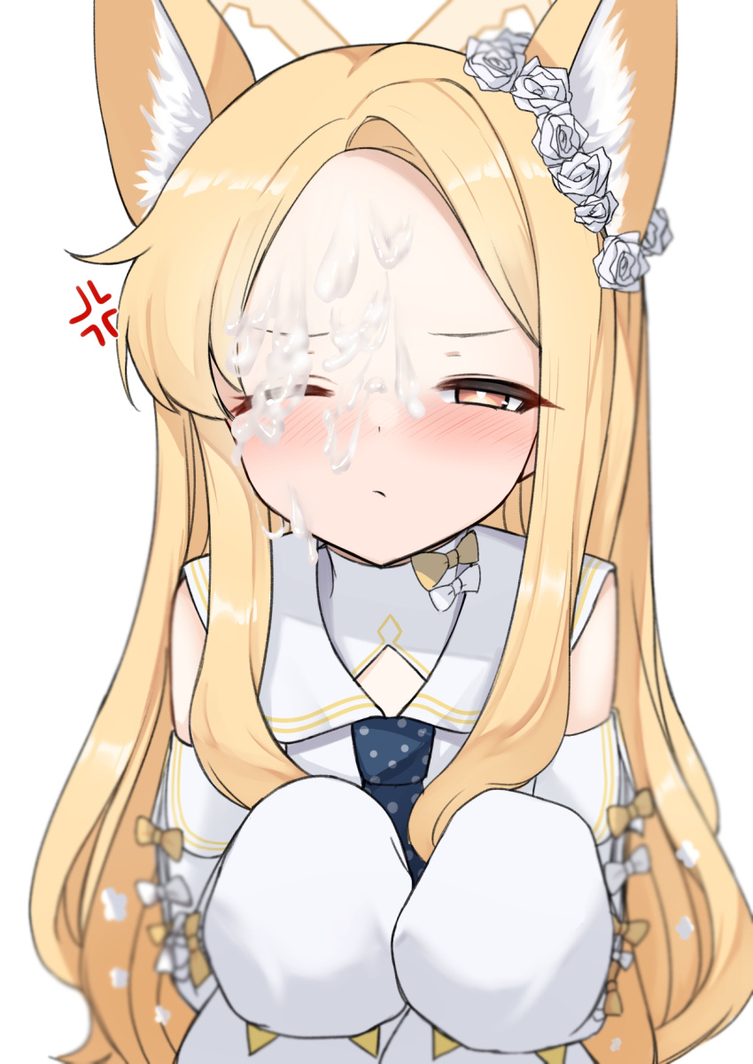 anger_vein angry animal_ear_fluff animal_ears blonde_hair blue_archive blue_necktie blush closed_mouth cum facial flower fox_ears fox_girl frown hair_flower hair_ornament halo highres long_hair long_sleeves looking_at_viewer mitsumine_raimu necktie one_eye_closed rose sailor_collar seia_(blue_archive) sleeves_past_fingers sleeves_past_wrists spoken_anger_vein spotted_necktie white_background white_flower white_rose white_sailor_collar yellow_eyes