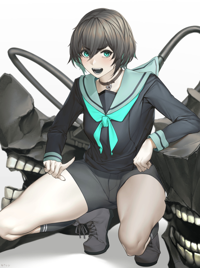 1girl :o absurdres abyssal_ship alternate_costume artist_name black_choker black_hair black_shirt black_socks black_tongue boots choker colored_inner_hair commentary cross-laced_footwear green_eyes green_hair green_sailor_collar grey_footwear grey_shorts hair_between_eyes highres humanization index_finger_raised kantai_collection kneehighs lace-up_boots looking_at_viewer mokuren_(mozukukirai88) multicolored_hair pale_skin ri-class_heavy_cruiser sailor_collar school_uniform serafuku shirt short_hair shorts simple_background socks solo squatting two-tone_hair white_background