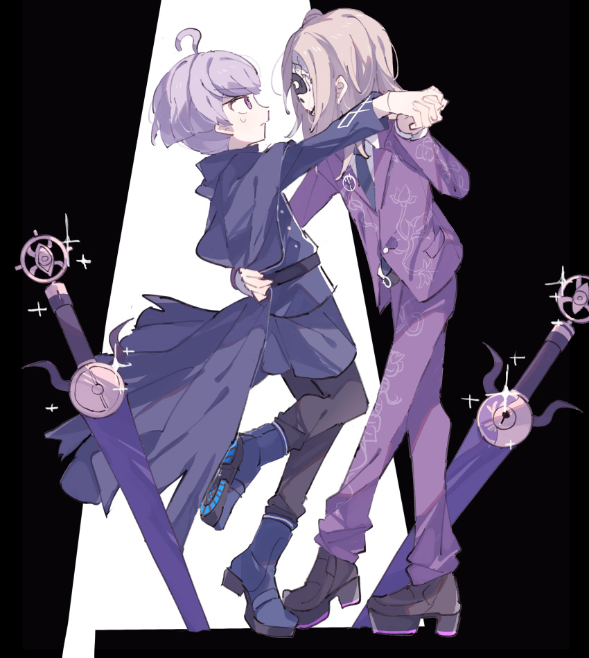 2boys absurdres ahoge belt black_belt blonde_hair blue_cape blue_footwear blue_jacket blue_necktie boots brown_footwear cape closed_mouth collared_shirt commentary_request covered_face dancing floral_print full_body hand_on_another's_back highres holding_hands hwr33m jacket keyhole kokohead_yuma long_hair long_sleeves looking_at_another makoto_kagutsuchi male_focus mask master_detective_archives:_rain_code multiple_boys necktie outstretched_arm pants purple_eyes purple_hair purple_jacket purple_pants shirt shoes short_hair spoilers standing standing_on_one_leg suit sword weapon white_shirt
