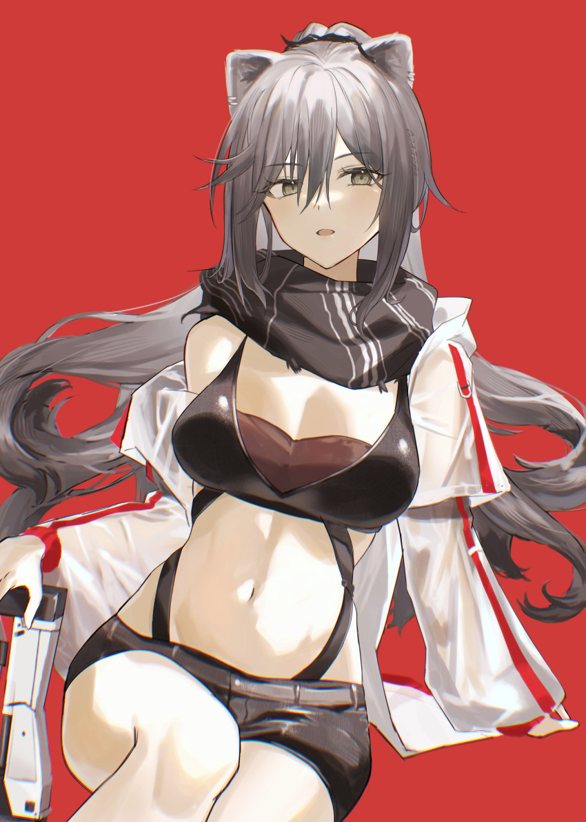 1girl 2naom8q6gt87292 absurdres animal_ears arknights belt black_scarf black_shorts breasts cat_ears cat_girl cleavage commentary crop_top crossbow eyelashes feet_out_of_frame grey_belt grey_eyes grey_hair hair_between_eyes highres jacket large_breasts long_hair looking_at_viewer navel off_shoulder open_clothes open_jacket open_mouth ponytail red_background scarf schwarz_(arknights) see-through see-through_jacket short_shorts shorts simple_background sitting solo stomach weapon white_jacket