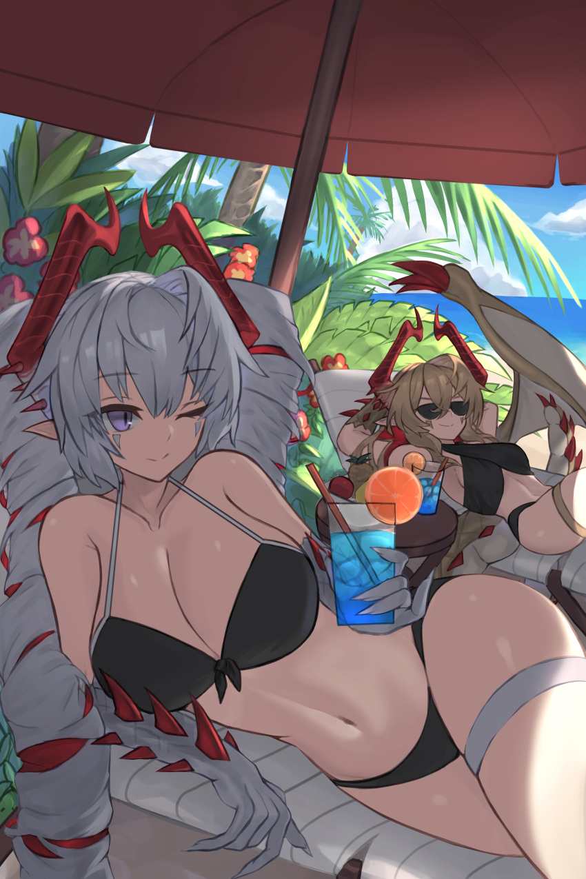 2girls absurdres argente_purest_silver_(shadowverse) armpits arms_behind_head bare_shoulders beach beach_umbrella bikini black_bikini blonde_hair blue_sky breasts cleavage cloud collarbone cup day dragon_girl dragon_horns dragon_tail dragon_wings drill_hair drinking_straw facial_mark facial_tattoo fingernails flower food front-tie_bikini_top front-tie_top fruit green_eyes grey_hair hair_between_eyes highres holding holding_cup horizon horns large_breasts leaf long_hair looking_to_the_side lumiore_prestigious_gold_(shadowverse) lying monster_girl multicolored_hair multiple_girls multiple_horns navel ocean on_back on_side one_eye_closed orange_(fruit) outdoors ozaki55 palm_tree pointy_ears red_flower red_hair scales shadowverse sharp_fingernails shore siblings single_wing sisters sky smile spikes summer sunglasses swimsuit table tail tattoo thigh_strap tree twintails umbrella vegetation water wings wooden_table