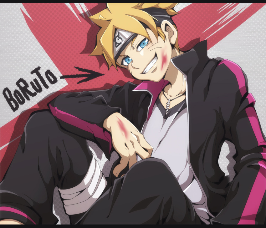 1boy blonde_hair blue_eyes boruto:_naruto_next_generations boruto:_naruto_the_movie character_name facial_mark forehead_protector jewelry konohagakure_symbol long_sleeves looking_at_viewer male_focus naruto_(series) necklace nitoni smile solo teeth uzumaki_boruto whisker_markings whiskers