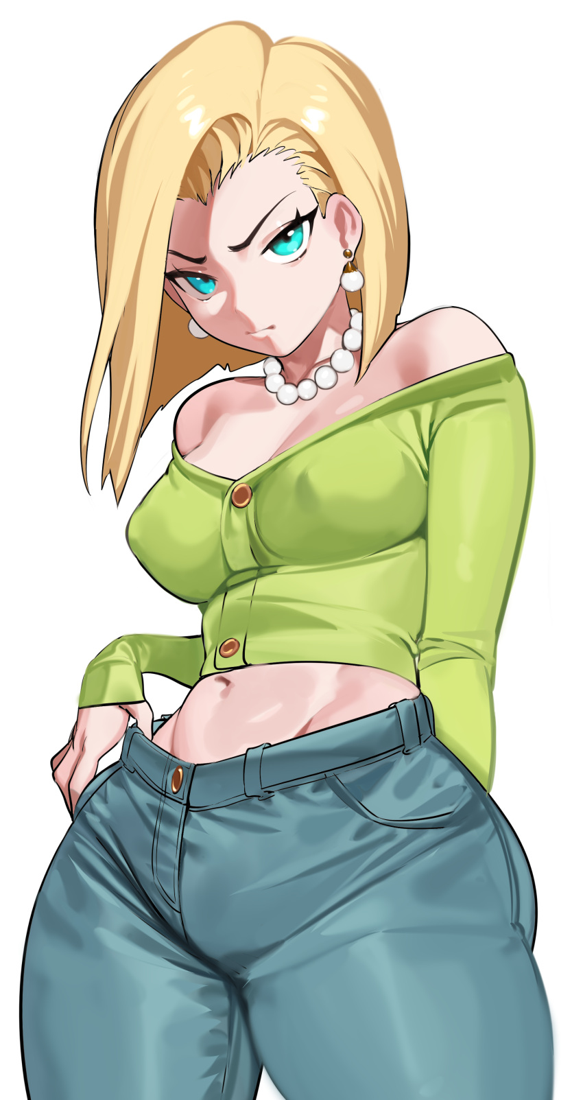 1girl absurdres android_18 aqua_eyes bare_shoulders blonde_hair breasts buttons closed_eyes covered_nipples crop_top denim dragon_ball earrings green_shirt highres jeans jewelry looking_at_viewer midriff navel necklace nia_(nia4294) off-shoulder_shirt off_shoulder pants pearl_necklace shirt simple_background solo white_background